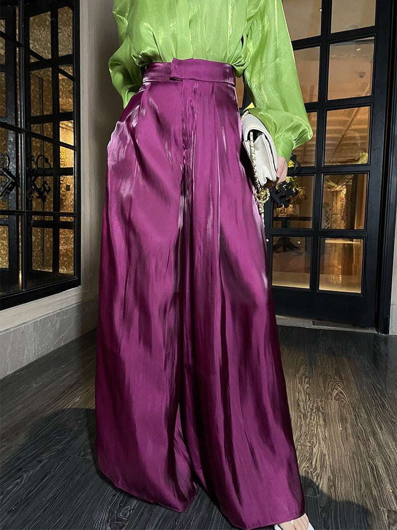 Breathable Satin Pants, Purple Satin Trousers, Satin Wide-Leg Pants - available at Sparq Mart