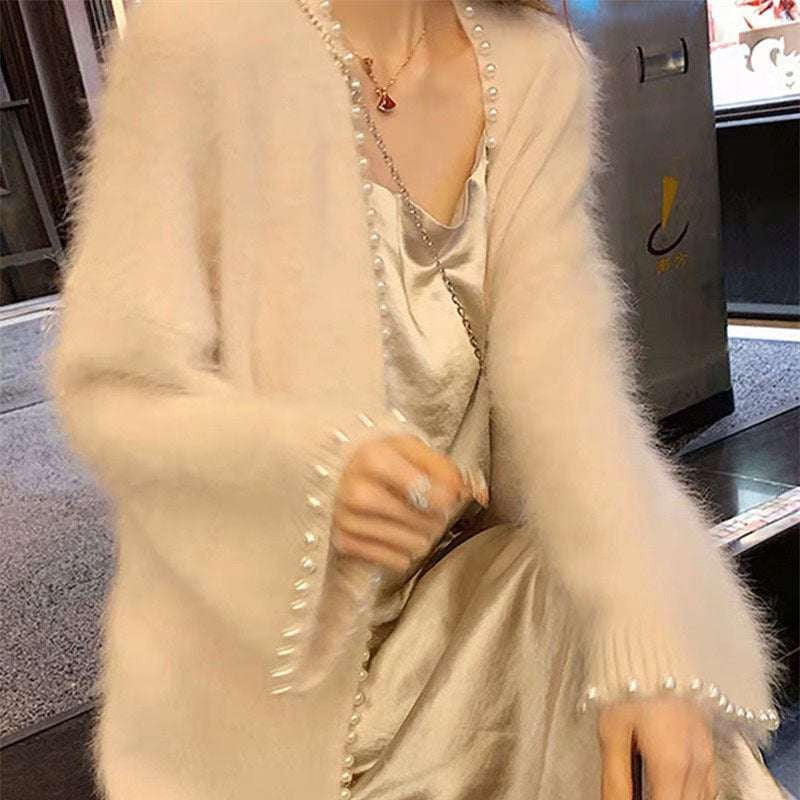 mid-length beige cardigan, mink cardigan jacket, pearl embellished cardigan - available at Sparq Mart