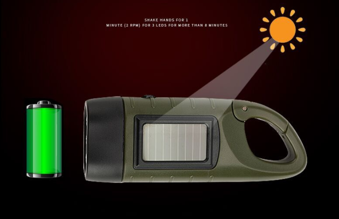 Army green flashlight, hand-cranked flashlight, Solar flashlight - available at Sparq Mart