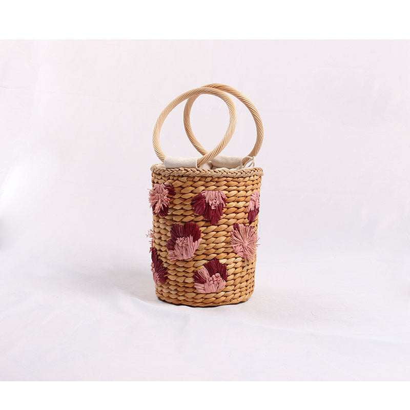 Bohemian Bucket Handbag, Embroidered Straw Tote Bag, Hand-Woven Floral Purse - available at Sparq Mart