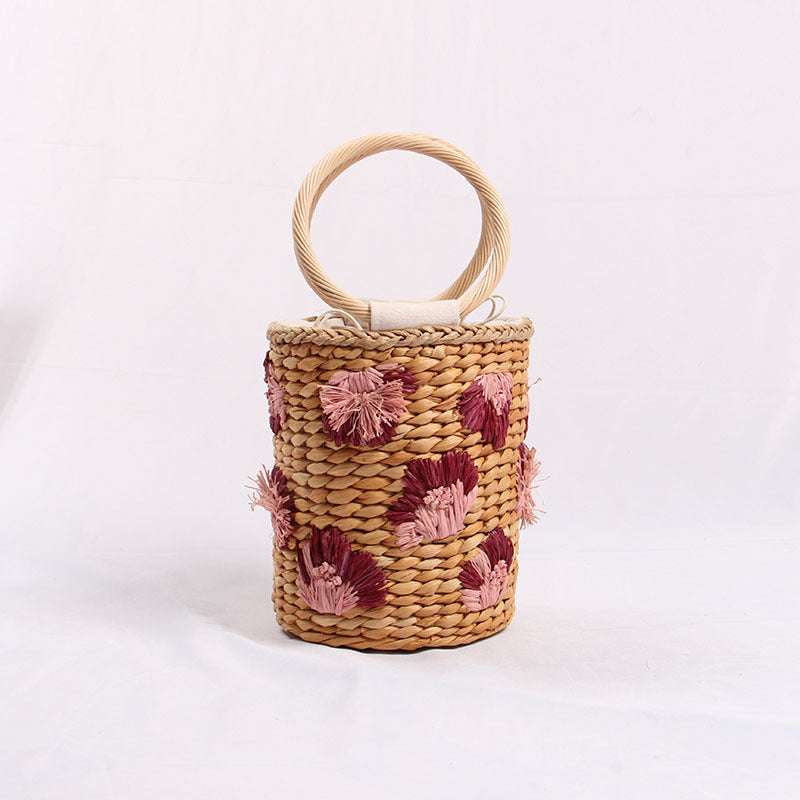 Bohemian Bucket Handbag, Embroidered Straw Tote Bag, Hand-Woven Floral Purse - available at Sparq Mart