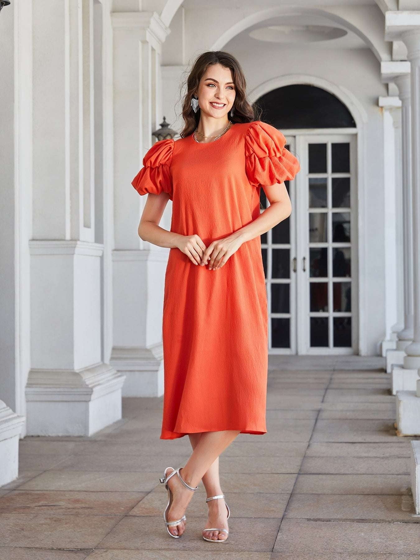 Orange H-Dress, Short-sleeve Dress, Women's Casual Wear - available at Sparq Mart