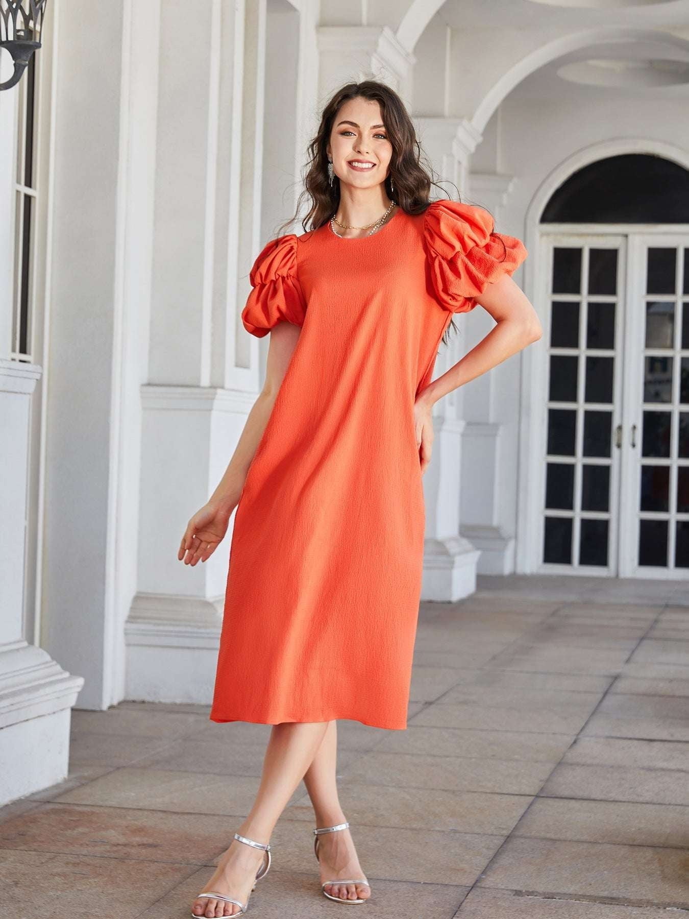 Orange H-Dress, Short-sleeve Dress, Women's Casual Wear - available at Sparq Mart