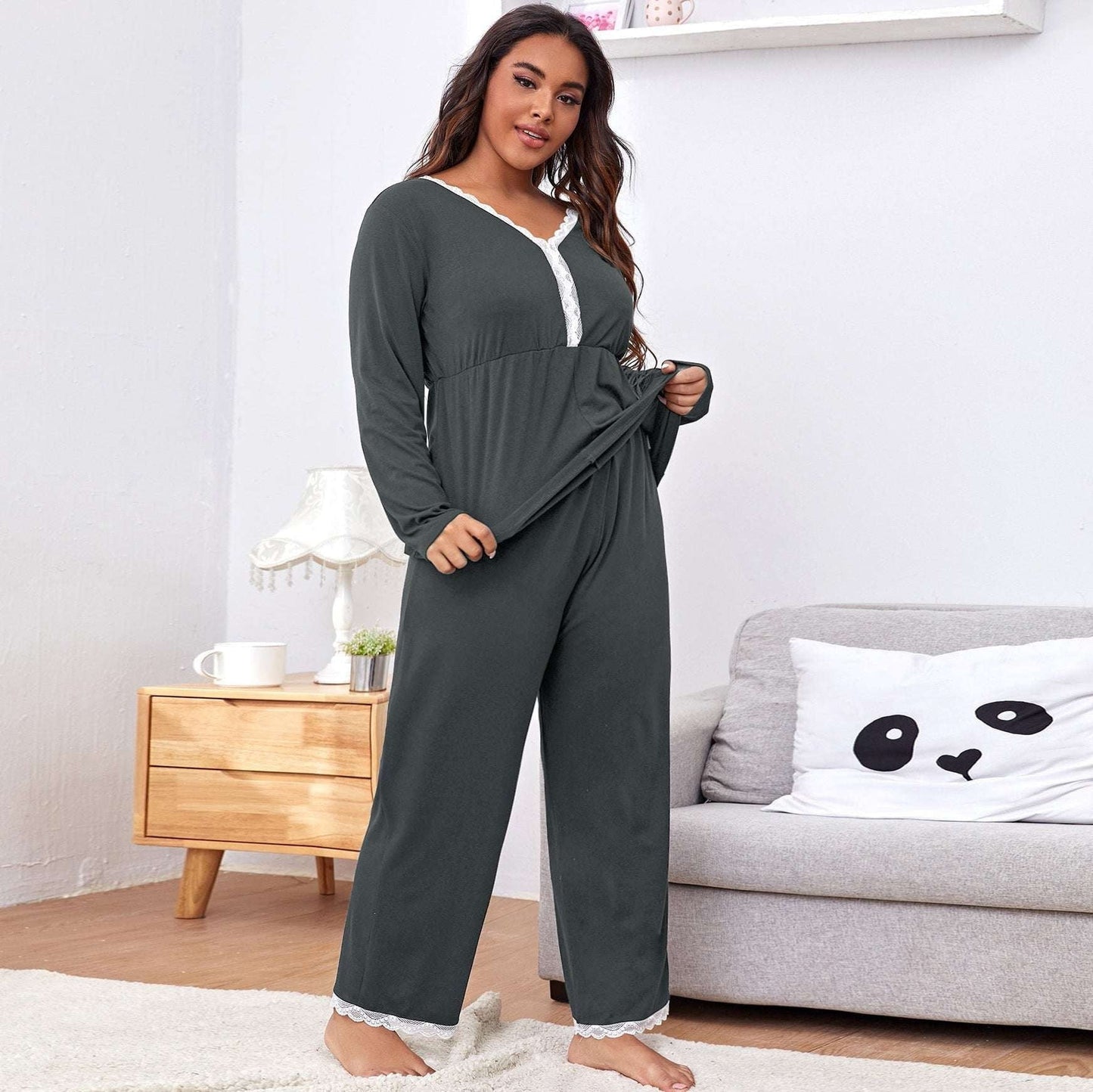 Cozy Sleepwear Set, Lace Trim Pajamas, Ladies Pajama Trousers - available at Sparq Mart