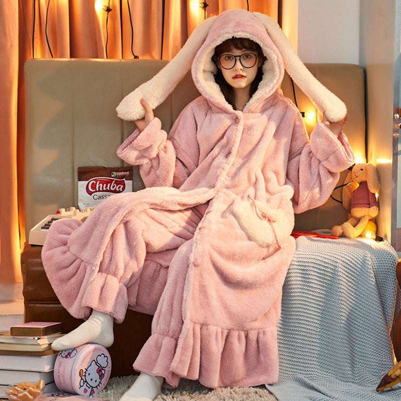 Coral Fleece Homewear, Fleece Hooded Nightgown, Long Ears Homewear - available at Sparq Mart