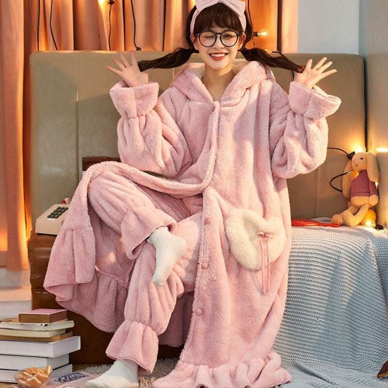 Coral Fleece Homewear, Fleece Hooded Nightgown, Long Ears Homewear - available at Sparq Mart