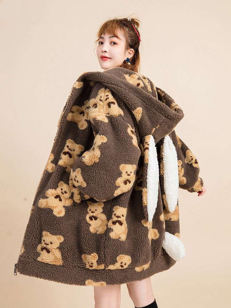 bear print coat, lamb wool outerwear, padded wool coat - available at Sparq Mart