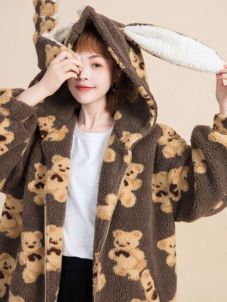 bear print coat, lamb wool outerwear, padded wool coat - available at Sparq Mart