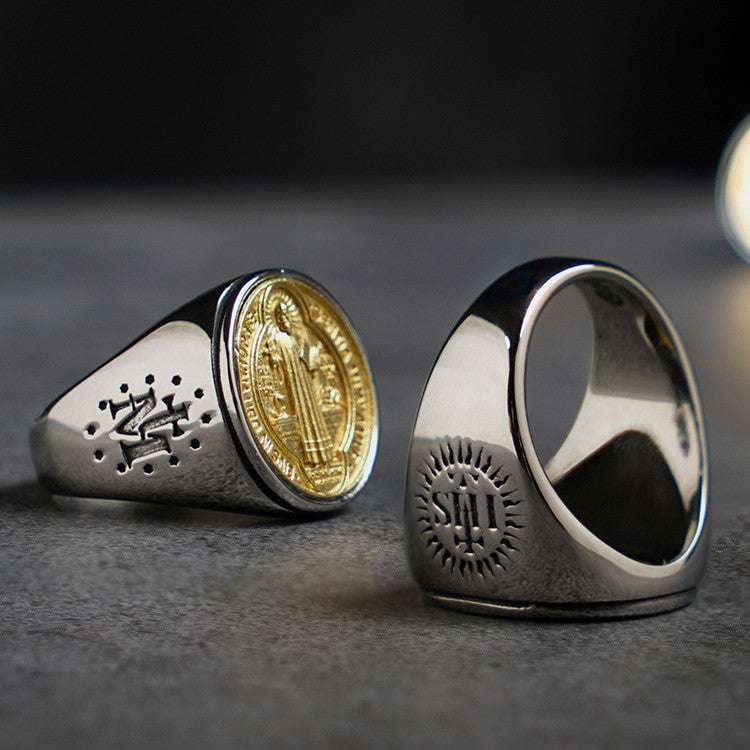 Christian Symbolism Jewelry, Men's Religious Ring, Titanium St. Benedict Ring - available at Sparq Mart