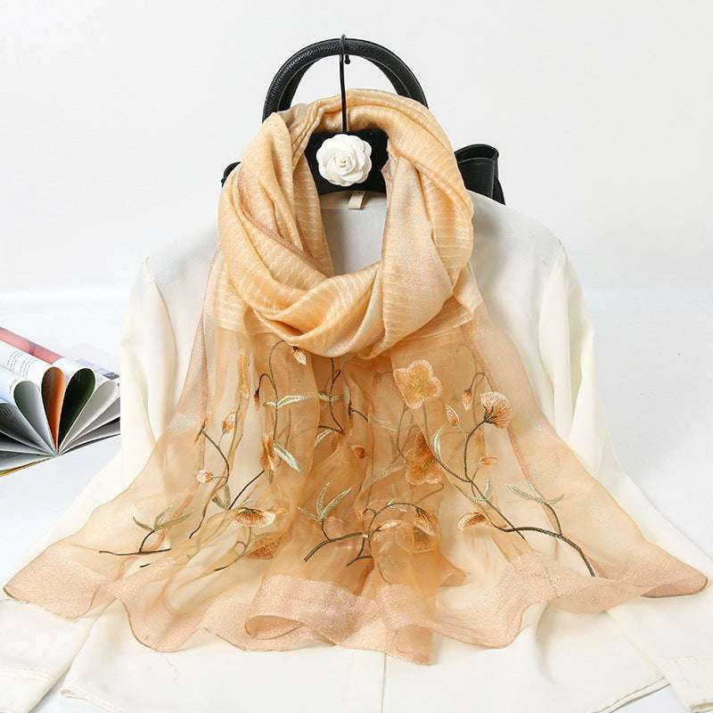 Elegant Ladies Shawl, Embroidered Cheongsam Shawl, Gold Silk Scarf - available at Sparq Mart