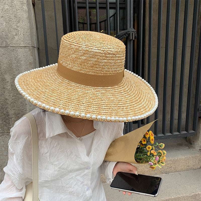 Elegant Straw Hat, Natural Big Brim, Pearl Adorned Hat - available at Sparq Mart