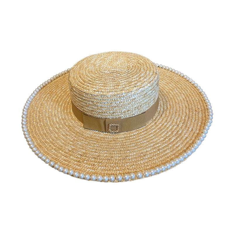 Elegant Straw Hat, Natural Big Brim, Pearl Adorned Hat - available at Sparq Mart