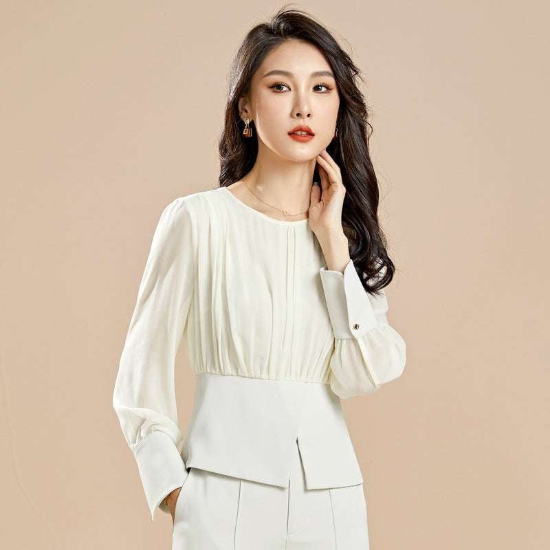 Chic Temperament Shirt, Elegant Pleated Top, Women's Round Neck - available at Sparq Mart