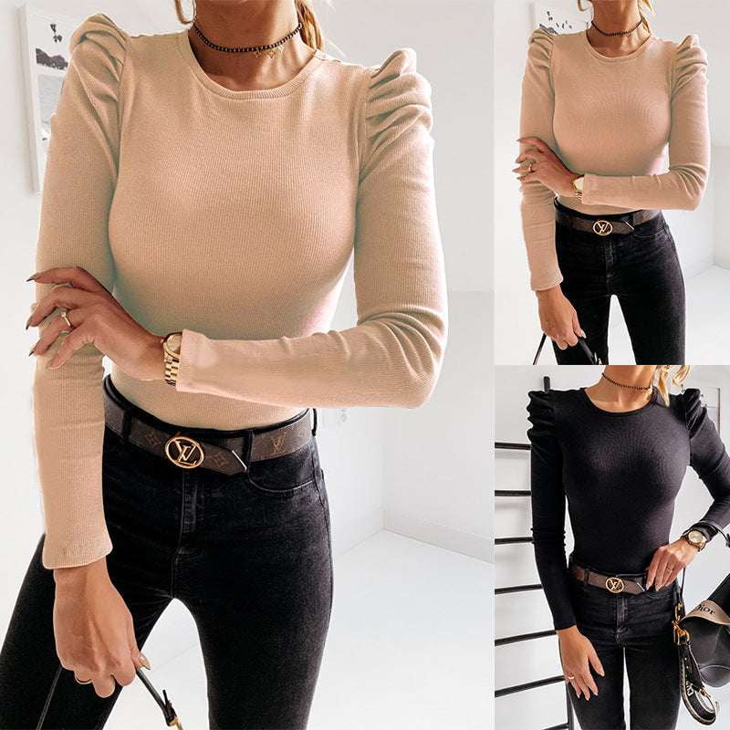 Elegant Casual Pullover, Pleated Loose Sweater, Round Neck Knitwear - available at Sparq Mart