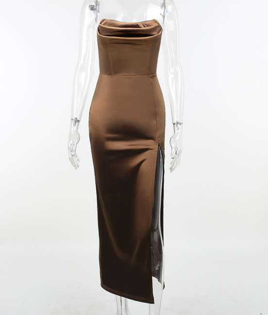 Chic Party Attire, Knee-Length Skirt, Satin Tube Dress - available at Sparq Mart