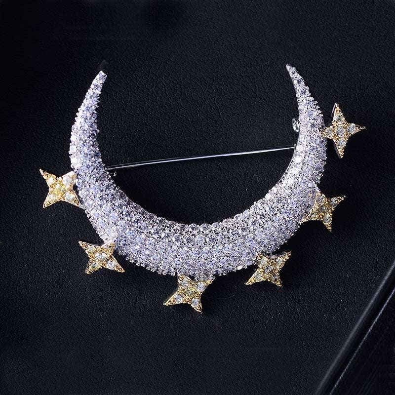 elegant moon corsage, two-color corsage, zircon brooch pin - available at Sparq Mart