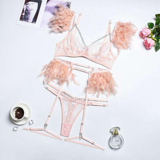 Feather Eyelash Intimates, Lace Lingerie Set, Three-Piece Underwear - available at Sparq Mart