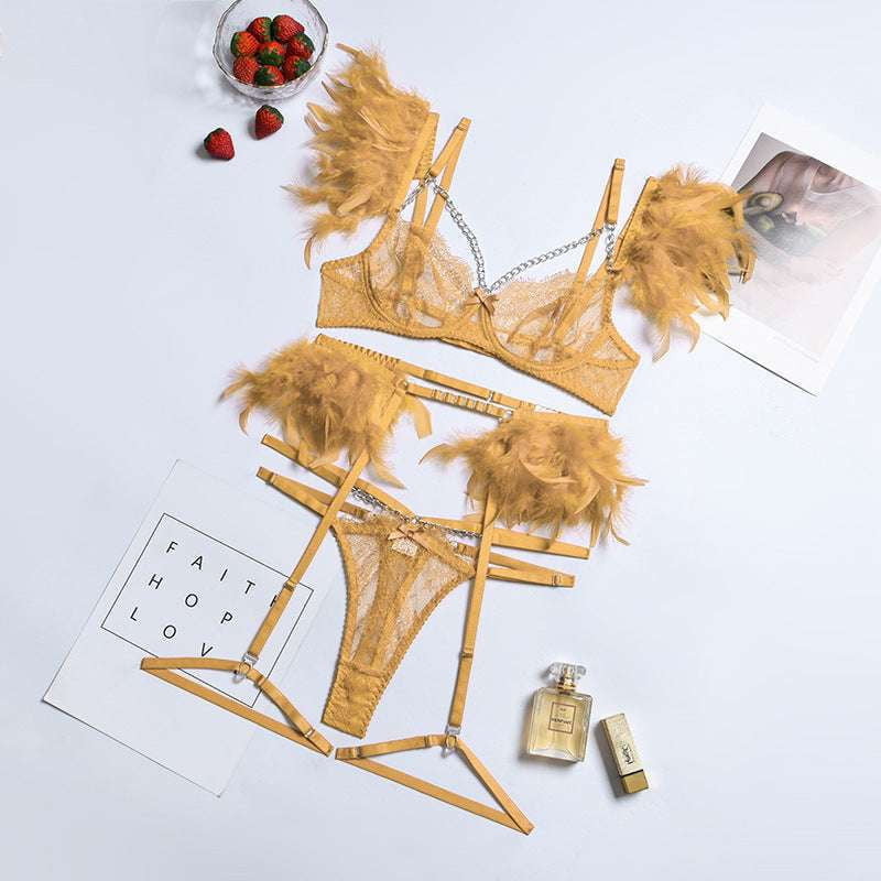 Feather Eyelash Intimates, Lace Lingerie Set, Three-Piece Underwear - available at Sparq Mart