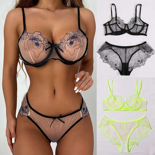 Embroidered Lingerie Set Sheer Mesh Intimates Elegant Boudoir Wear - available at Sparq Mart