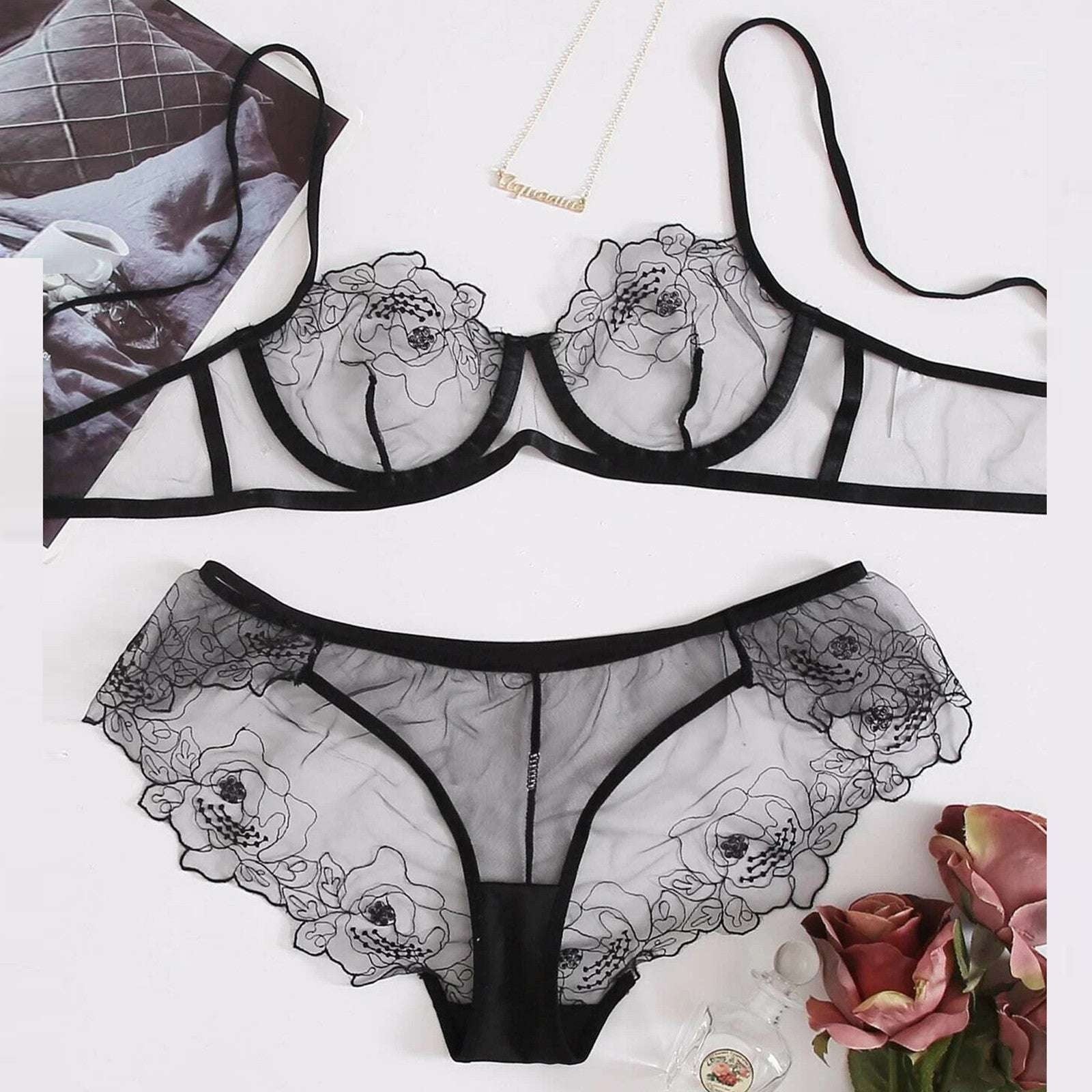 Embroidered Lingerie Set Sheer Mesh Intimates Elegant Boudoir Wear - available at Sparq Mart