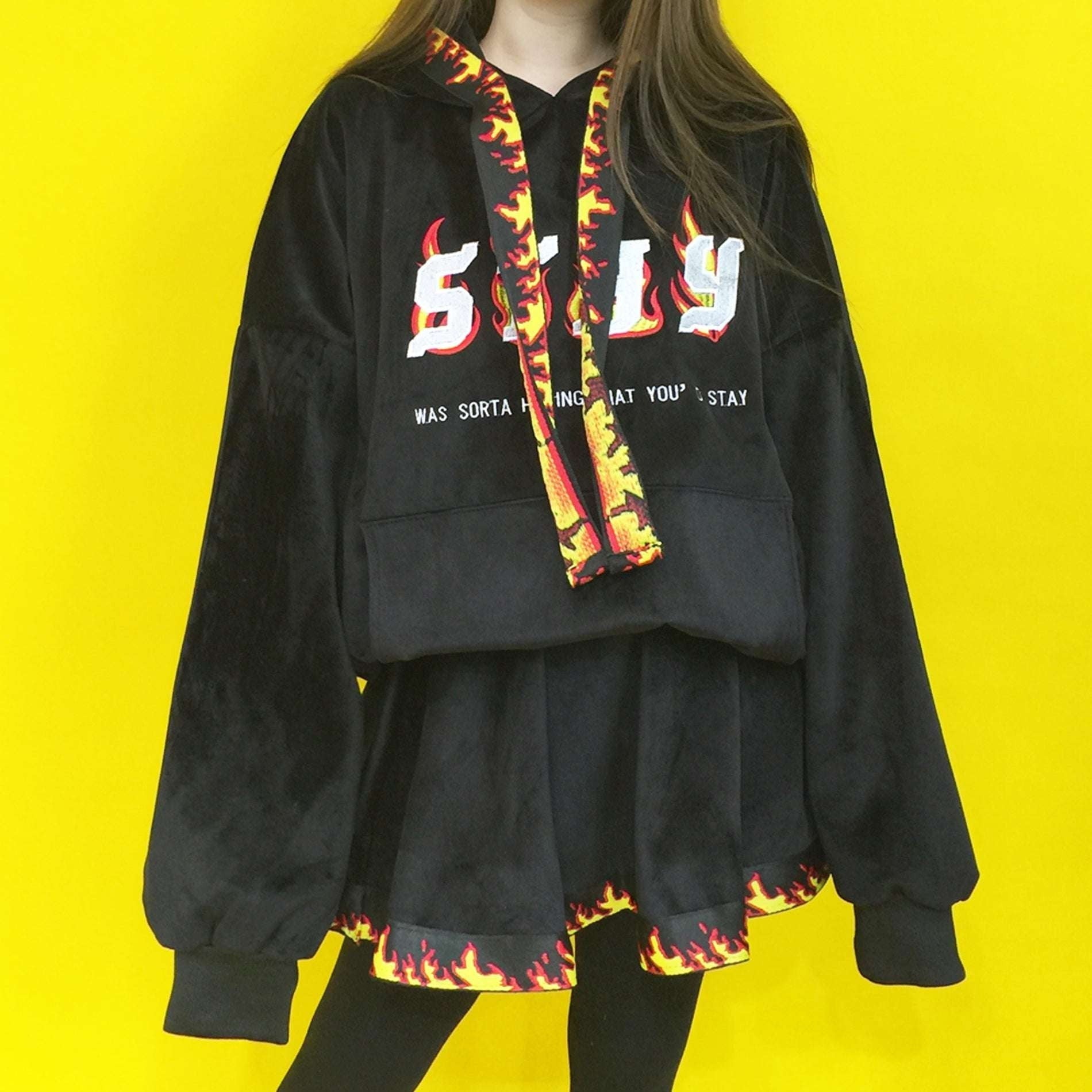 Embroidered Hoodie Dress, Flame Ribbon Hoodie, Street Style Hoodie - available at Sparq Mart