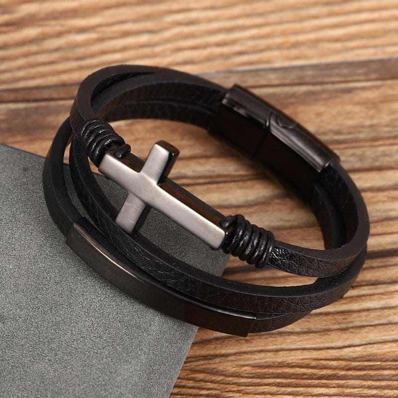 Gold Cross Bracelet, Leather Woven Jewelry, Single Loop Band - available at Sparq Mart