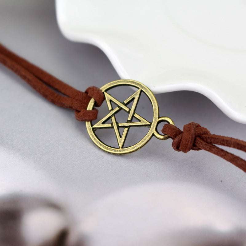 Gold Pentagram Bracelet, Leather Rope Bracelet, Pentagram Charm Bangle. - available at Sparq Mart