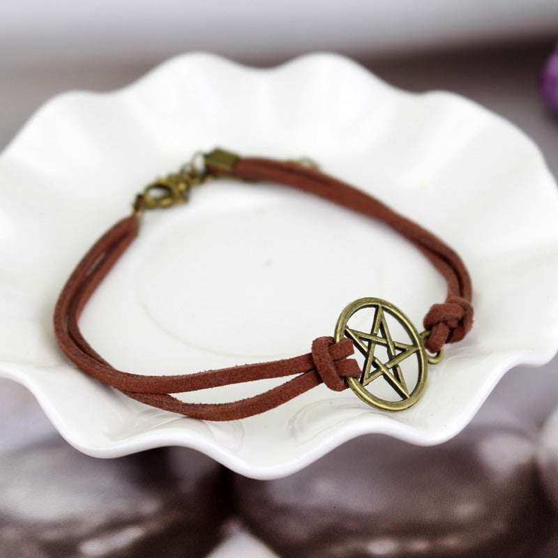 Gold Pentagram Bracelet, Leather Rope Bracelet, Pentagram Charm Bangle. - available at Sparq Mart