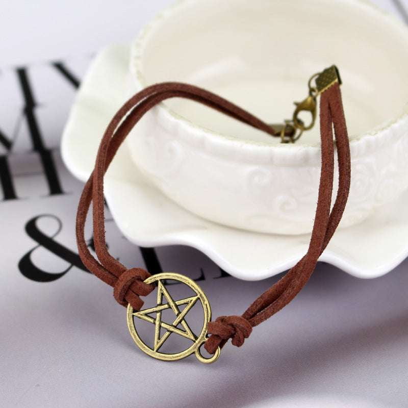 Gold Pentagram Bracelet, Leather Rope Bracelet, Pentagram Charm Bangle. - available at Sparq Mart