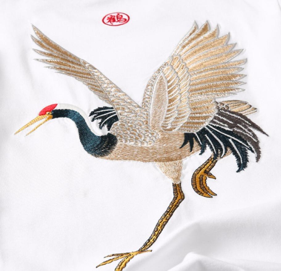 Flying crane embroidery, high-quality, wholesale t-shirt - available at Sparq Mart