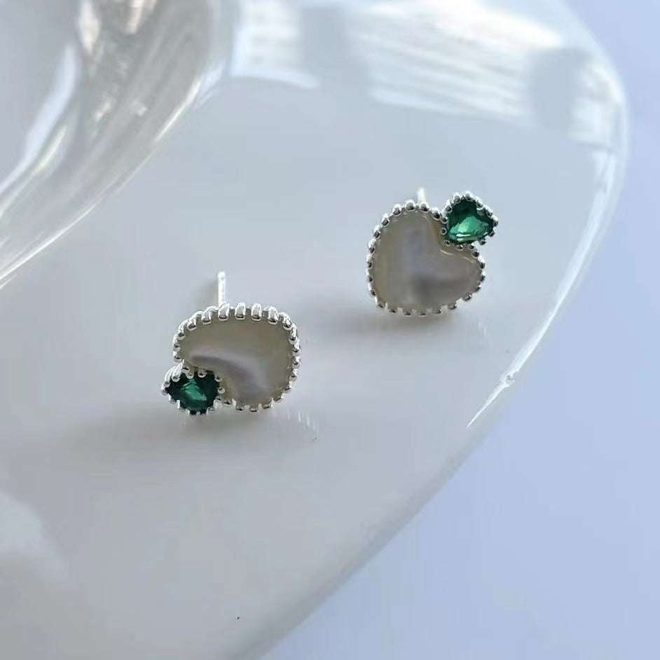 Green zirconium jewelry, Shell stud earrings, Silver heart earrings - available at Sparq Mart