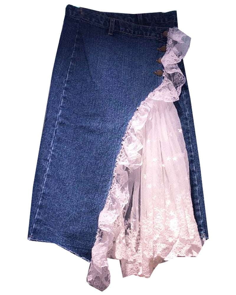 A-Line Denim Skirt, High Waist Denim, Mesh Stitching Skirt - available at Sparq Mart