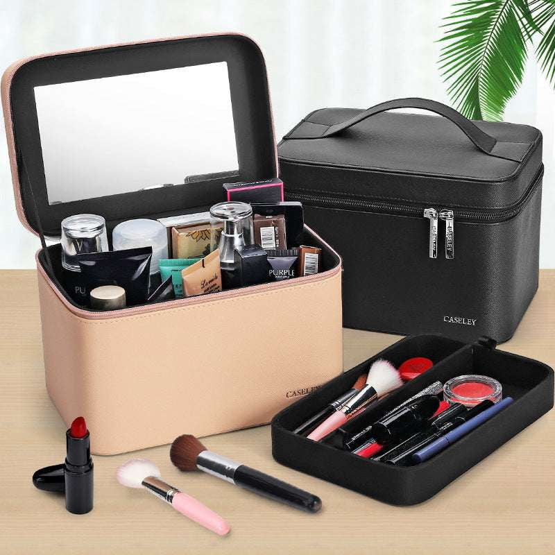 double-layer makeup bag, portable cosmetic organizer, spacious beauty pouch - available at Sparq Mart