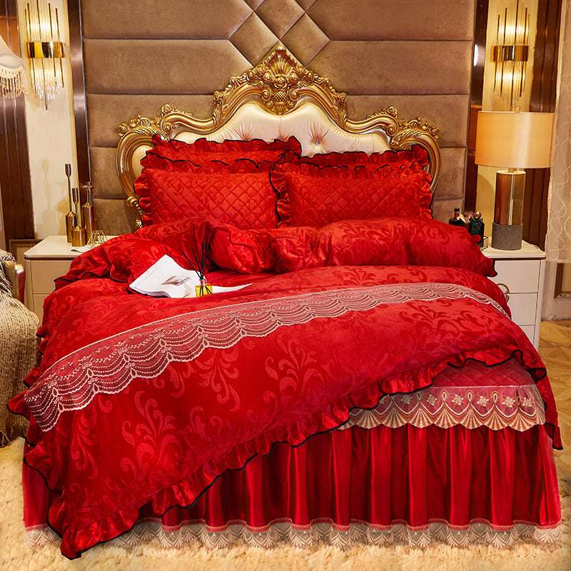 Luxurious bed skirt, Quilted four-piece, Velvet bedding set - available at Sparq Mart