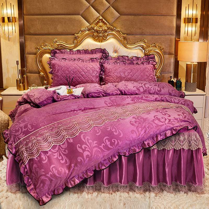 Luxurious bed skirt, Quilted four-piece, Velvet bedding set - available at Sparq Mart