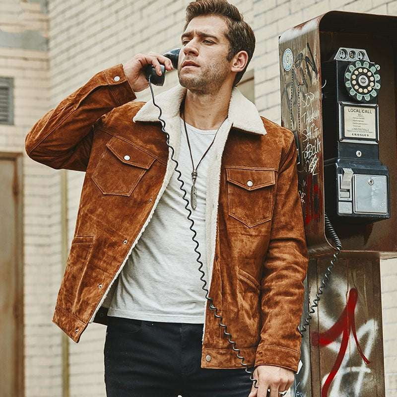 brown leather coat, cotton padded jacket, men's leather jacket - available at Sparq Mart