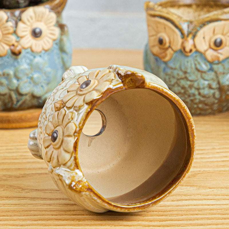 Kiln-Changed Pottery, Owl Planter Set, Succulent Basin Decor - available at Sparq Mart