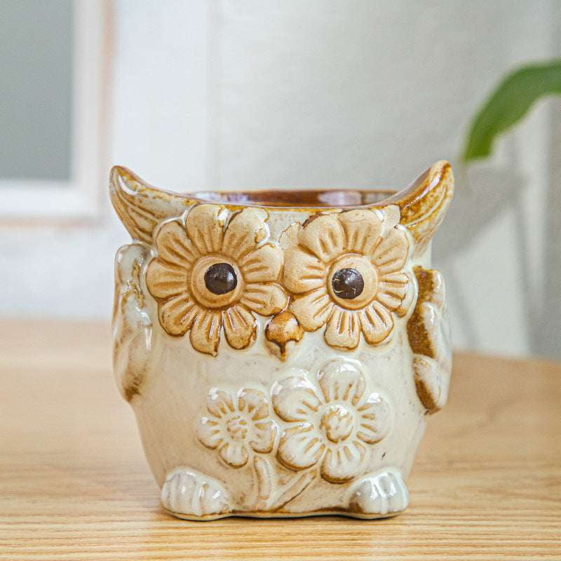 Kiln-Changed Pottery, Owl Planter Set, Succulent Basin Decor - available at Sparq Mart