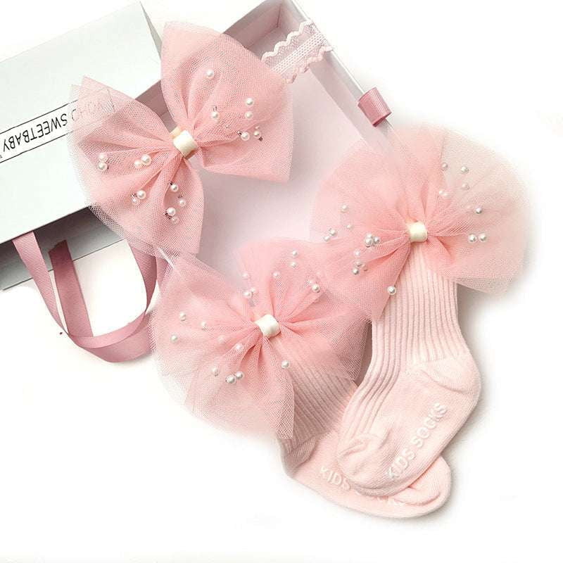 Newborn Gift Set, Pearl Lace Socks, Princess Hair Accessory - available at Sparq Mart