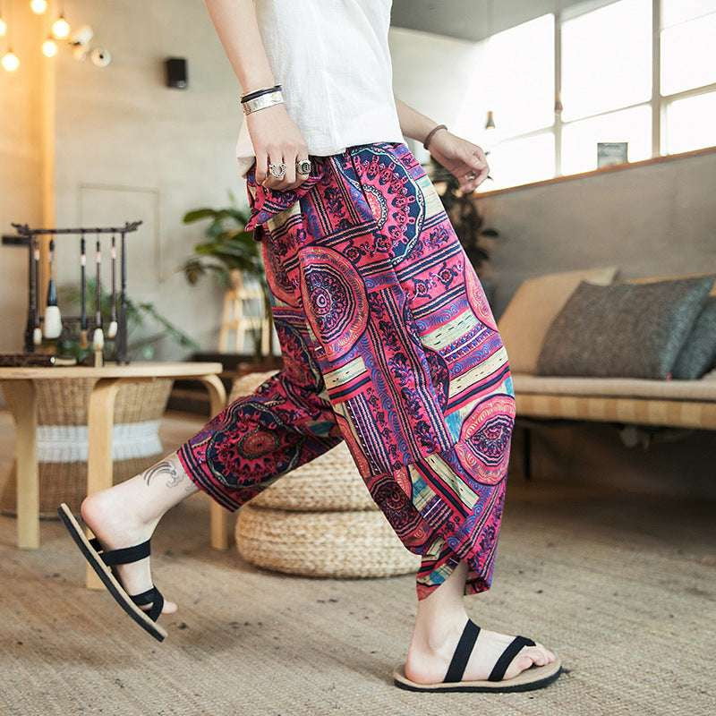 Beach Casual Pants, Men's Cropped Trousers, Retro Print Bloomers - available at Sparq Mart