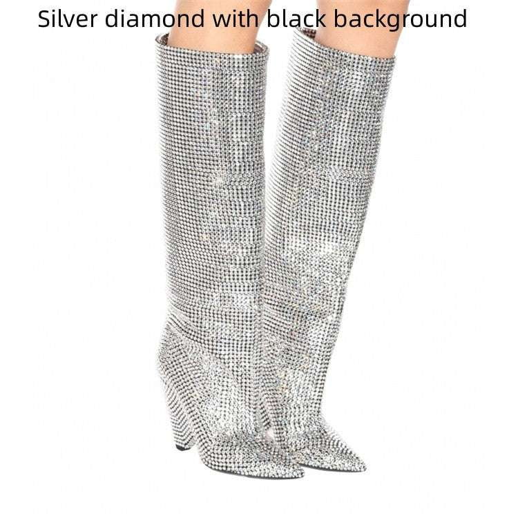 Knee-Length Rhinestone Boots, Nightclub High-Heeled Boots, Sparkly Stiletto Boots - available at Sparq Mart