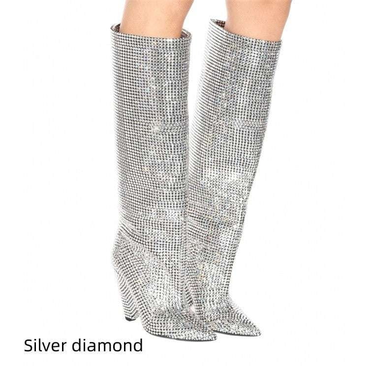 Knee-Length Rhinestone Boots, Nightclub High-Heeled Boots, Sparkly Stiletto Boots - available at Sparq Mart