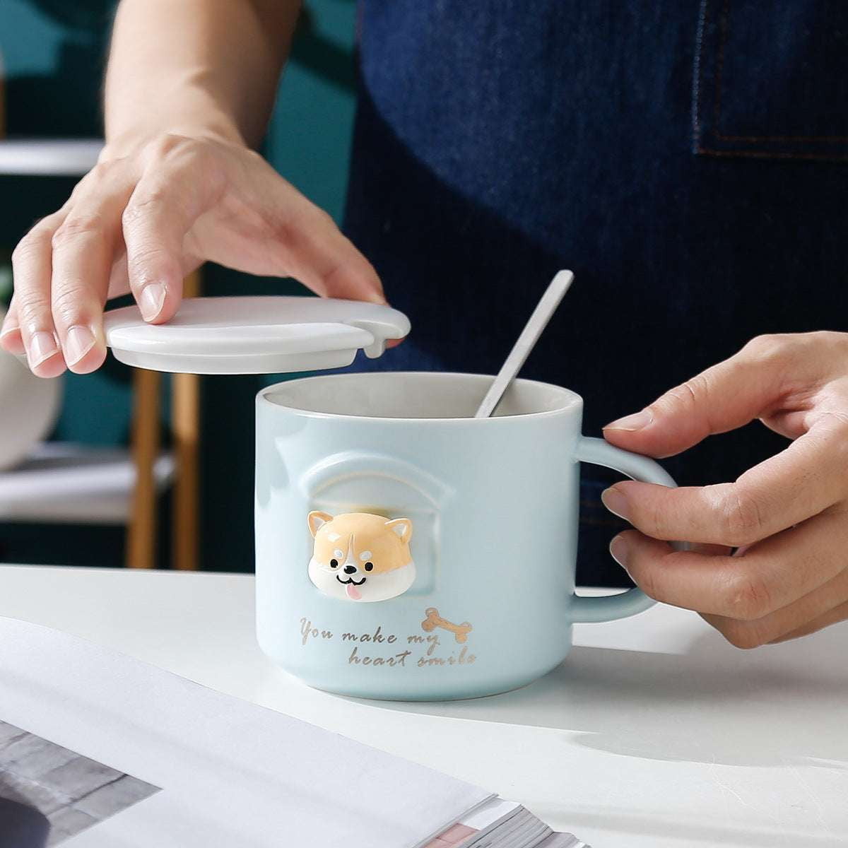 Cartoon Cup Lid, Ceramic Spoon Cup, Shiba Inu Mug - available at Sparq Mart