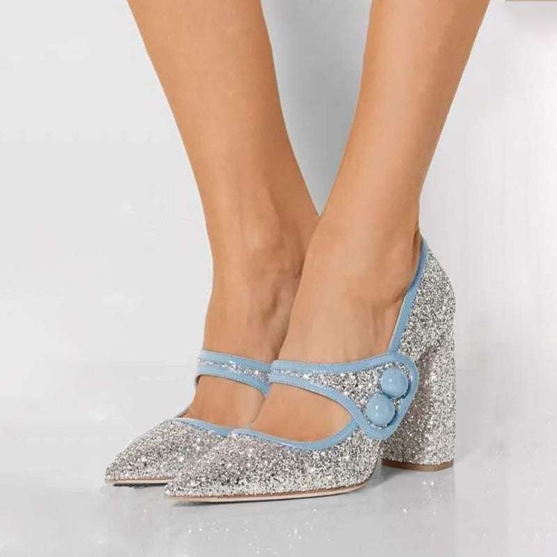 French Pointed Toe Heels, Silver Sequined High Heels, Women's Sparkling Shoes - available at Sparq Mart