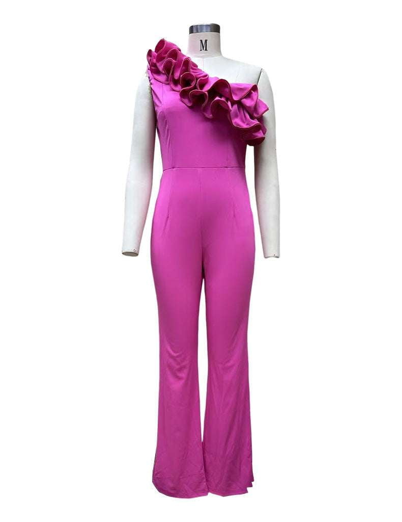 diagonal neckline onesie, floral collar jumpsuit, temperament rose jumpsuit - available at Sparq Mart