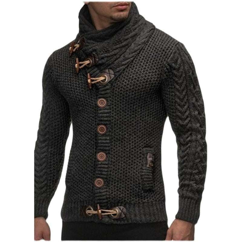 casual knitted cardigan, stylish horn button sweater, turtleneck men's sweater - available at Sparq Mart