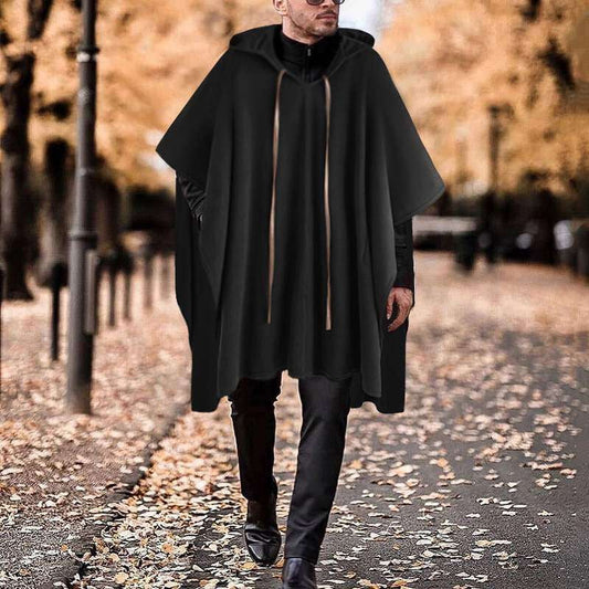 Autumn Black Wool Coat, Men's Woolen Shawl Pullover, Youth Casual Wool Overcoat - available at Sparq Mart