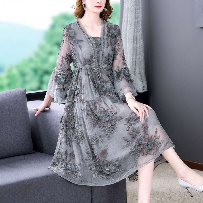 embroidered v-neck, gray dress, stylish plus size - available at Sparq Mart