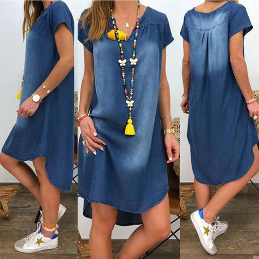 Denim V-neck Dress, Pullover Denim Dress, Short Sleeve Denim - available at Sparq Mart