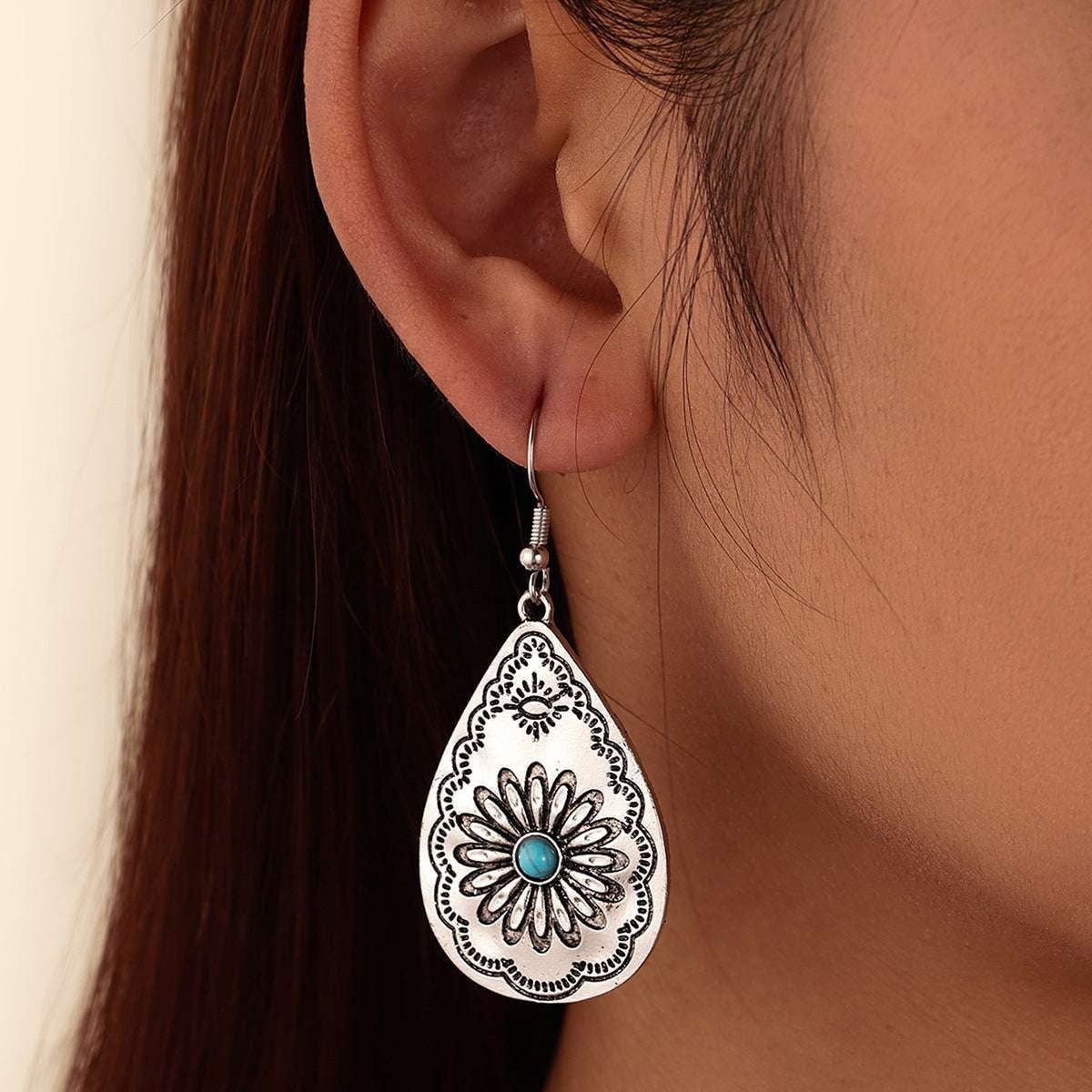 elegant drop earrings, sunflower turquoise earrings, turquoise carved earrings - available at Sparq Mart